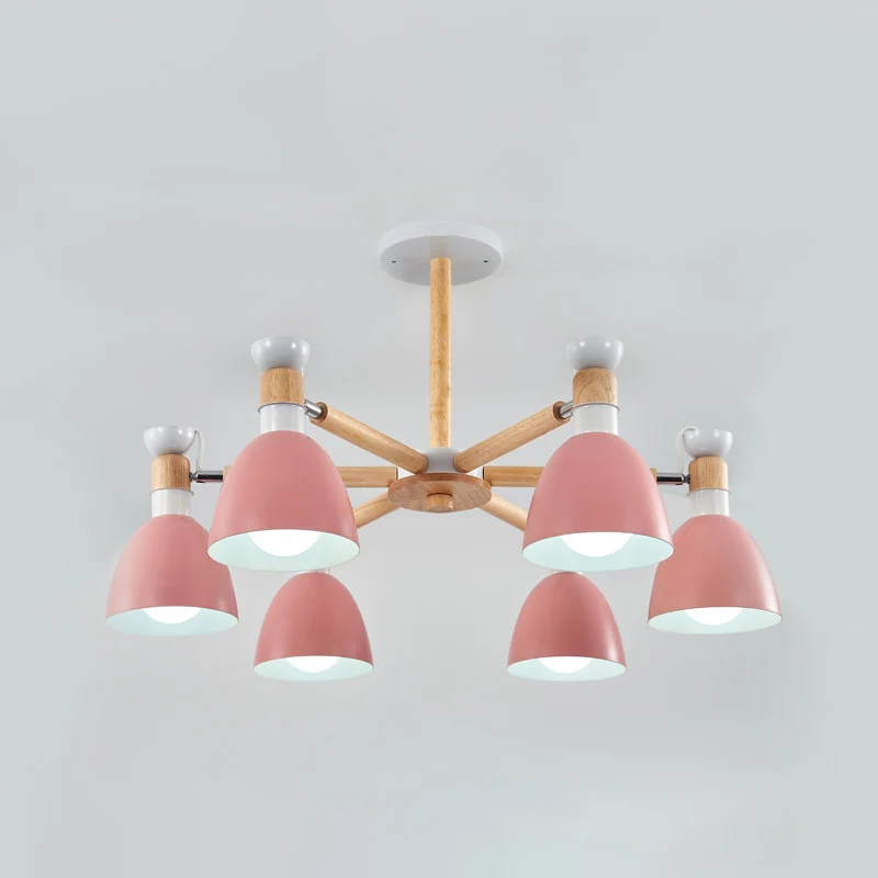 Macaron-stijl belkroonluchter, verlichting, metalen slaapkamerhanglamp met houten staaf Clearhalo