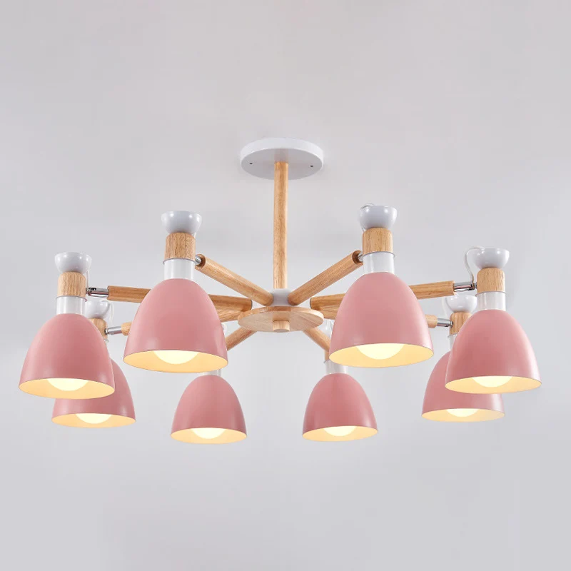 Macaron-stijl belkroonluchter, verlichting, metalen slaapkamerhanglamp met houten staaf Clearhalo