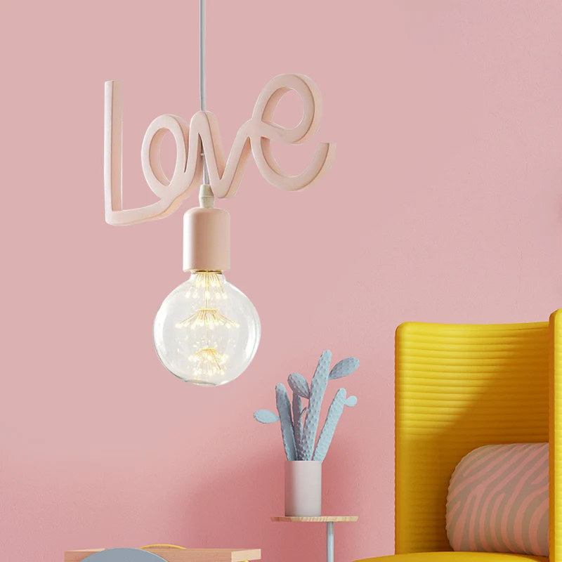 Macaroon Bare Bulb Drop Lamp Hars 1 Lamp Woonkamerhanger roze met letterontwerp Clearhalo