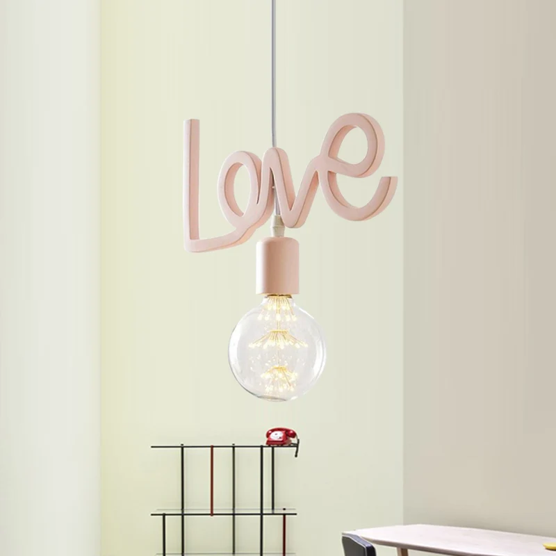 Macaroon Bare Bulb Drop Lamp Hars 1 Lamp Woonkamerhanger roze met letterontwerp Clearhalo