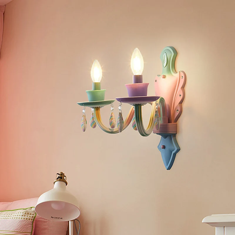 Macaroon Candle Wandlamp Metallic 2 Lampen Nachtkastje Wandlamp Roze met Kristallen Druppeltje Clearhalo