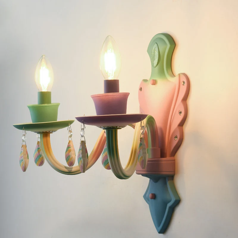 Macaroon Candle Wandlamp Metallic 2 Lampen Nachtkastje Wandlamp Roze met Kristallen Druppeltje Clearhalo