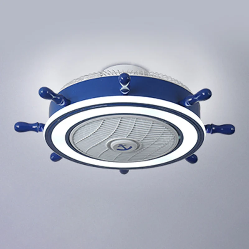 Marineblauwe roerventilatorlamp, metalen afstandsbediening voor kinderen, halfverzonken plafondlamp met 7 bladen, 23,5" W...
