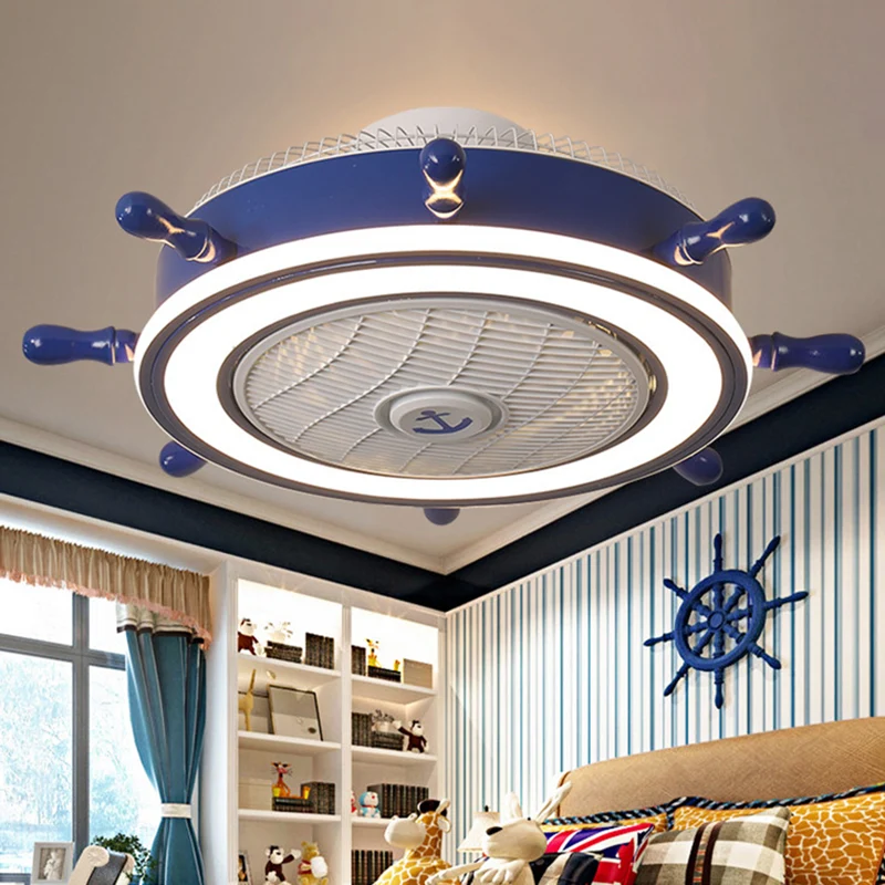 Marineblauwe roerventilatorlamp, metalen afstandsbediening voor kinderen, halfverzonken plafondlamp met 7 bladen, 23,5" W...
