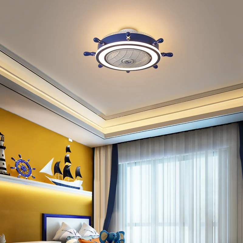 Marineblauwe roerventilatorlamp, metalen afstandsbediening voor kinderen, halfverzonken plafondlamp met 7 bladen, 23,5" W...