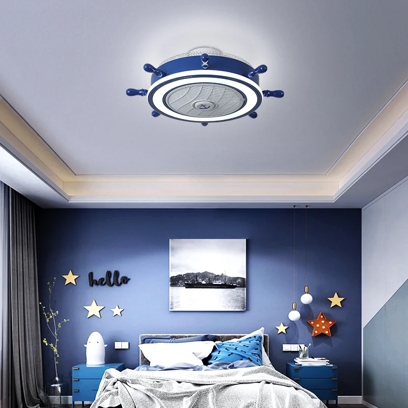 Marineblauwe roerventilatorlamp, metalen afstandsbediening voor kinderen, halfverzonken plafondlamp met 7 bladen, 23,5" W...