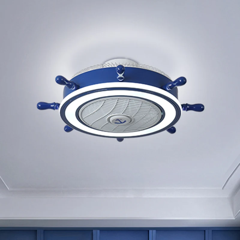 Marineblauwe roerventilatorlamp, metalen afstandsbediening voor kinderen, halfverzonken plafondlamp met 7 bladen, 23,5" W...