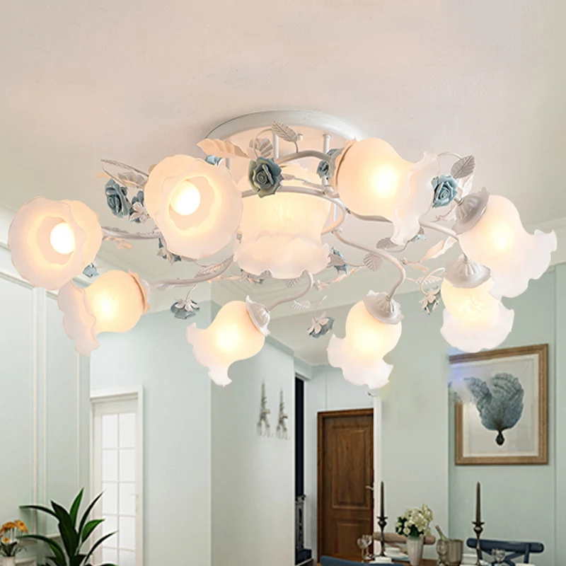 Matglazen Bud semi-inbouw kroonluchter platteland 3/5/9-lamps eetkamer plafondmontage lamp roze/blauw/blauw-wit Clearhalo