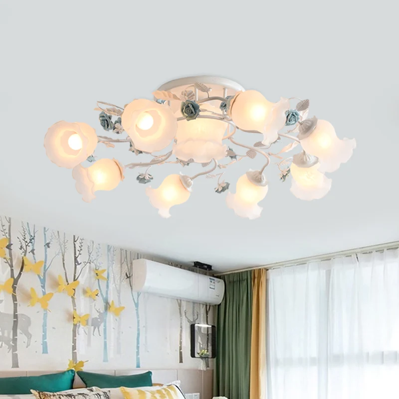 Matglazen Bud semi-inbouw kroonluchter platteland 3/5/9-lamps eetkamer plafondmontage lamp roze/blauw/blauw-wit Clearhalo