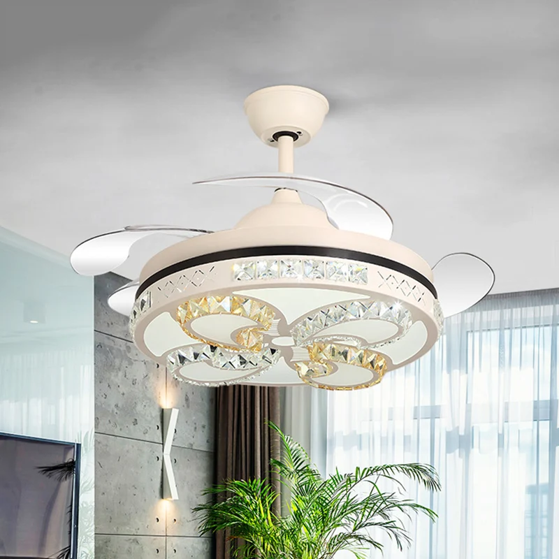 Matwitte LED semi-inbouw-noordse kristallen vlinder inbouw plafondventilatorlamp met 4 bladen, 42" breed Clearhalo