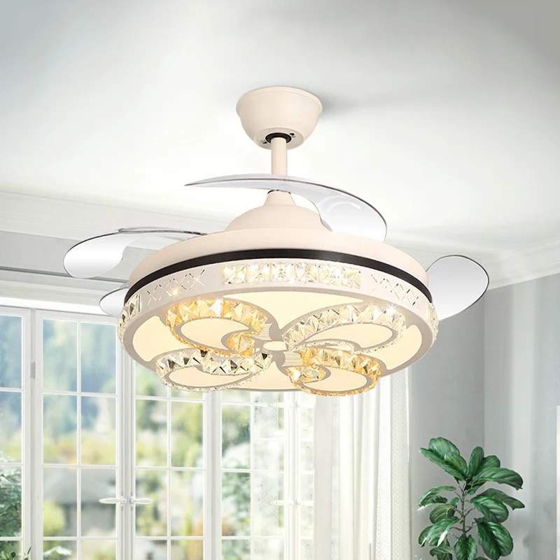 Matwitte LED semi-inbouw-noordse kristallen vlinder inbouw plafondventilatorlamp met 4 bladen, 42" breed Clearhalo