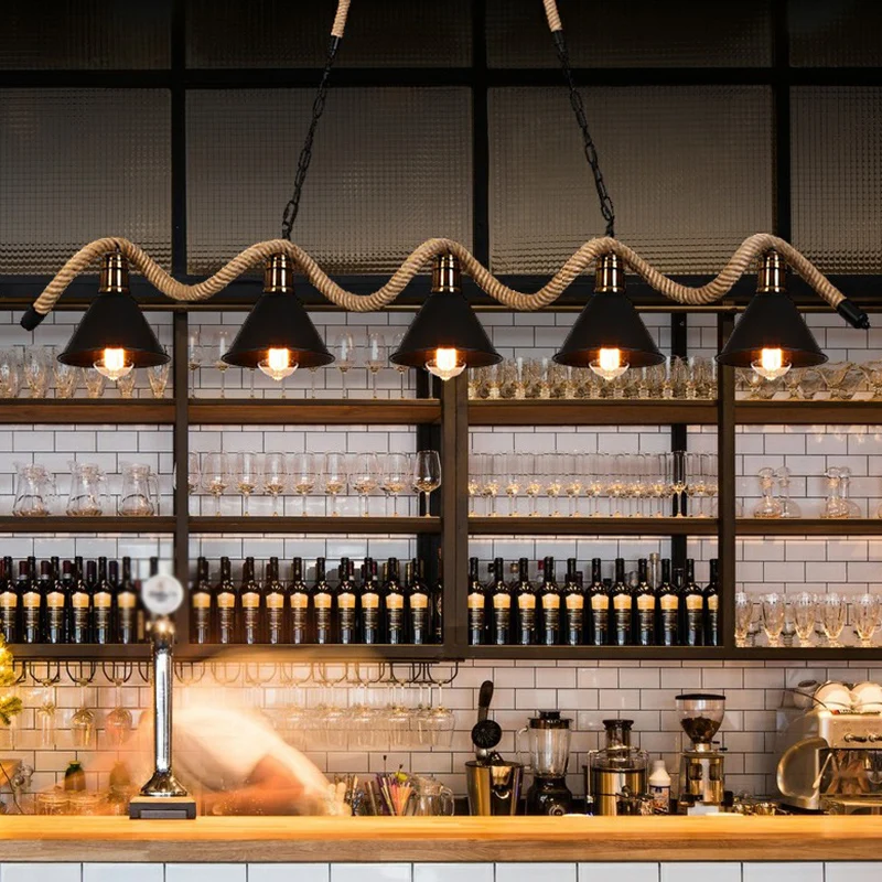 Matzwarte Cone Island Lighting industriële metalen café-bar hanglamp met gedraaid touw Clearhalo
