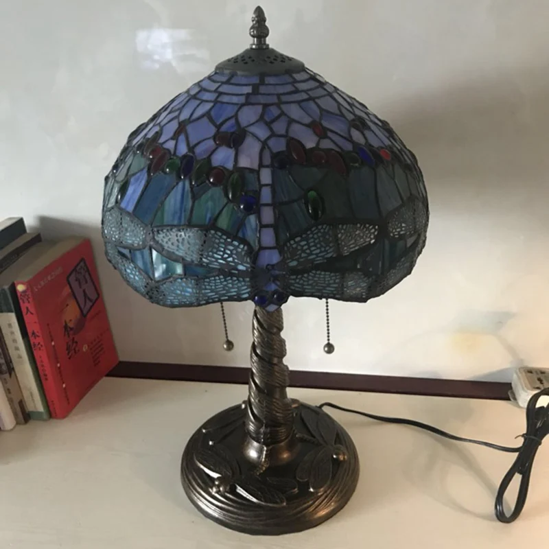 Mediterraan Dragonfly nachtkastje licht 1-lichts glas--lood tafellamp brons voor slaapkamer Clearhalo