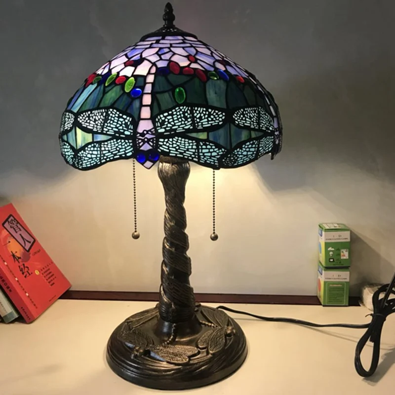 Mediterraan Dragonfly nachtkastje licht 1-lichts glas--lood tafellamp brons voor slaapkamer Clearhalo