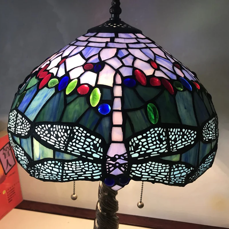 Mediterraan Dragonfly nachtkastje licht 1-lichts glas--lood tafellamp brons voor slaapkamer Clearhalo