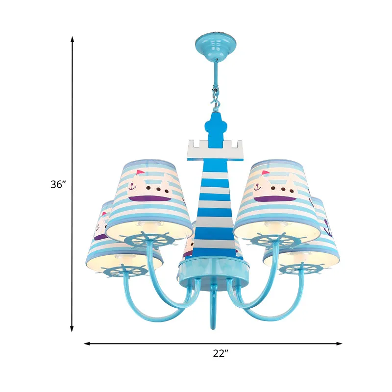 Mediterrane conische stoffen kroonluchter, 5 lampen, plafondhanglamp blauw met bootpatroon Clearhalo
