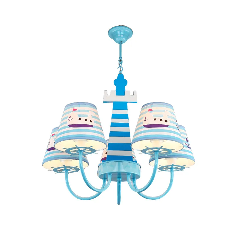 Mediterrane conische stoffen kroonluchter, 5 lampen, plafondhanglamp blauw met bootpatroon Clearhalo