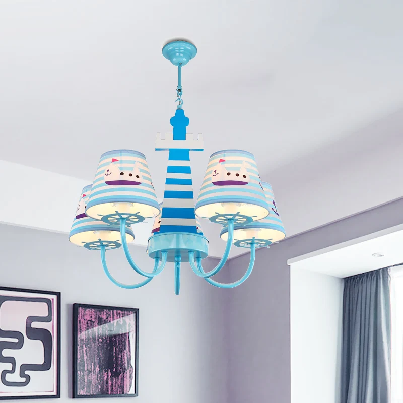 Mediterrane conische stoffen kroonluchter, 5 lampen, plafondhanglamp blauw met bootpatroon Clearhalo