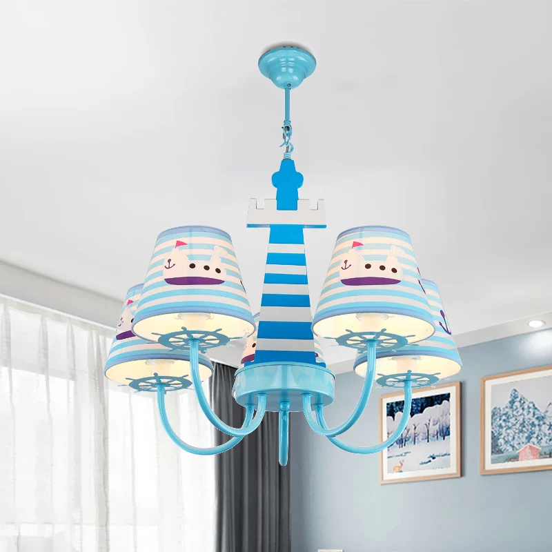 Mediterrane conische stoffen kroonluchter, 5 lampen, plafondhanglamp blauw met bootpatroon Clearhalo