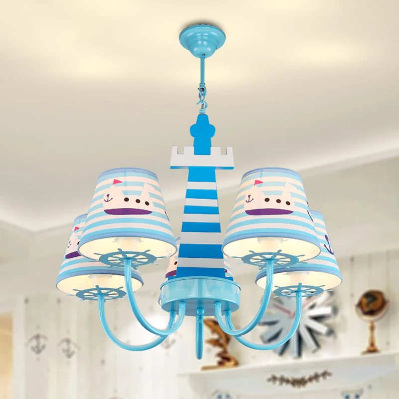 Mediterrane conische stoffen kroonluchter, 5 lampen, plafondhanglamp blauw met bootpatroon Clearhalo