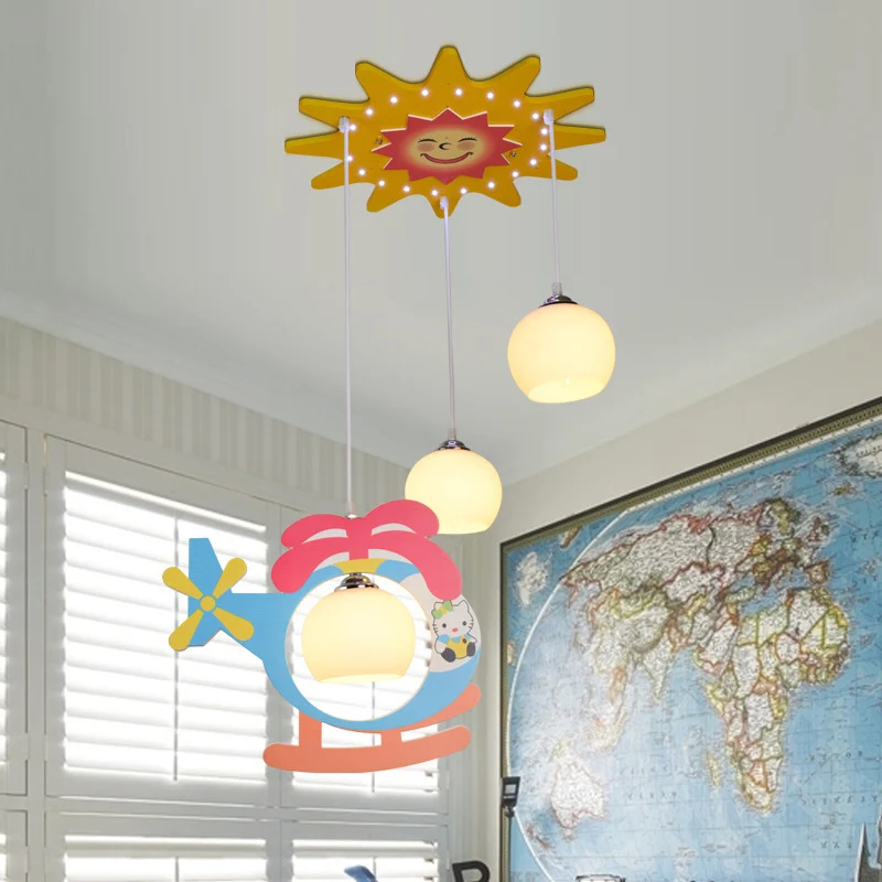Meerkleurige hanglamp voor kinderen, helikopter, 3 hoofden, opaalglazen plafondhanger voor de kleuterschool Clearhalo