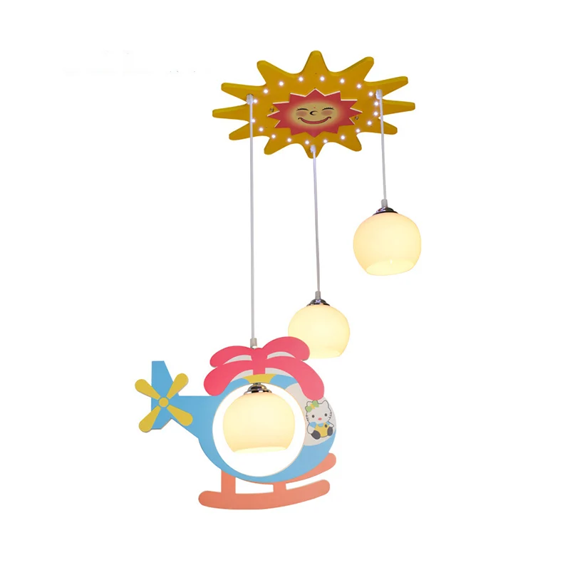 Meerkleurige hanglamp voor kinderen, helikopter, 3 hoofden, opaalglazen plafondhanger voor de kleuterschool Clearhalo