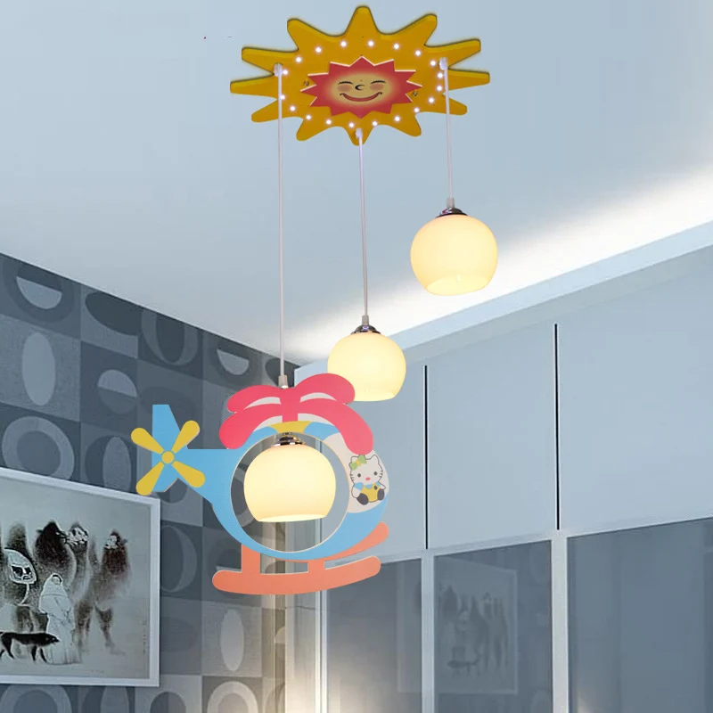 Meerkleurige hanglamp voor kinderen, helikopter, 3 hoofden, opaalglazen plafondhanger voor de kleuterschool Clearhalo
