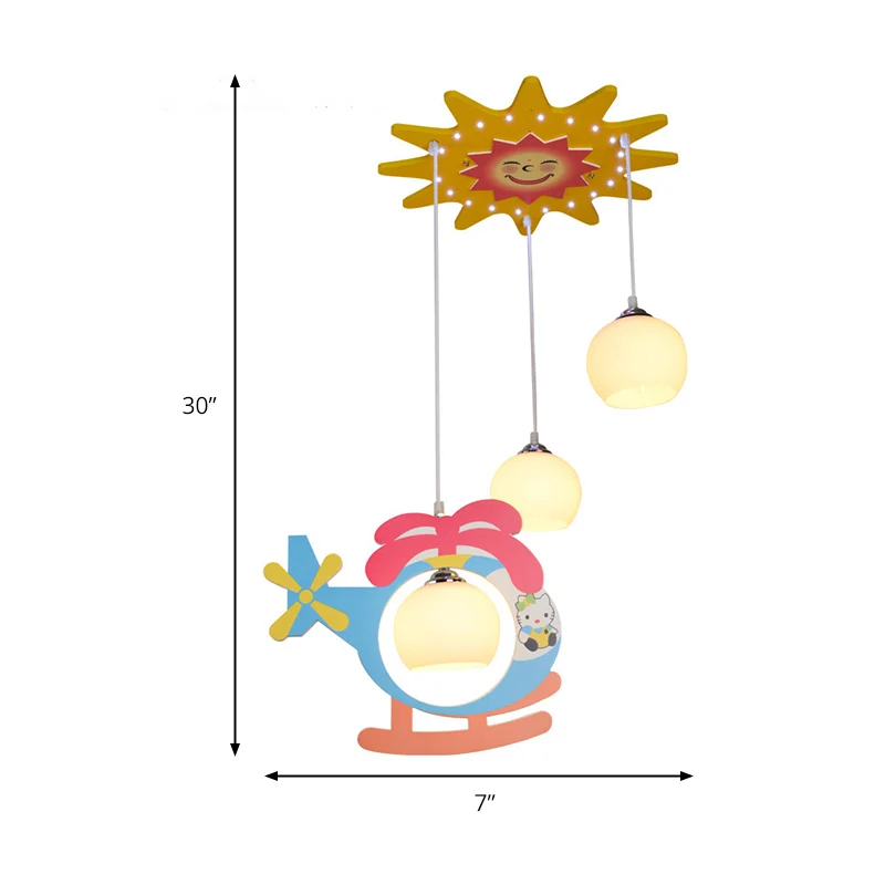 Meerkleurige hanglamp voor kinderen, helikopter, 3 hoofden, opaalglazen plafondhanger voor de kleuterschool Clearhalo