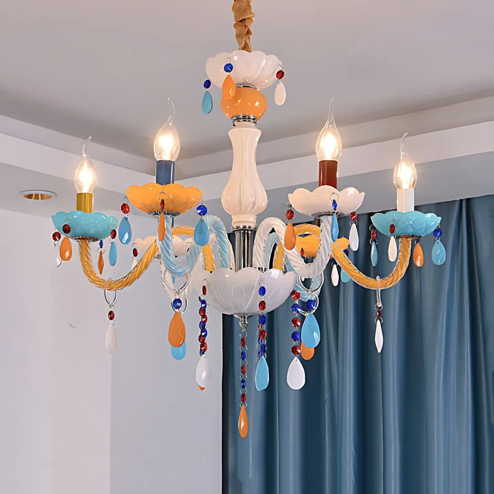 Meerkleurige kroonluchter voor kinderen, nepkaars, glazen hanglamp met kristal voor speelkamer Clearhalo
