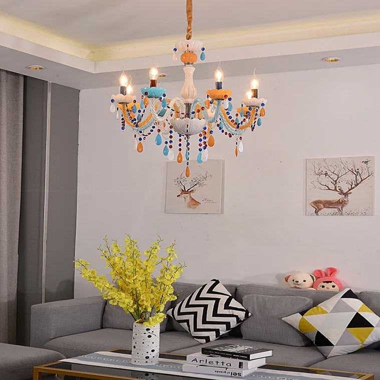 Meerkleurige kroonluchter voor kinderen, nepkaars, glazen hanglamp met kristal voor speelkamer Clearhalo