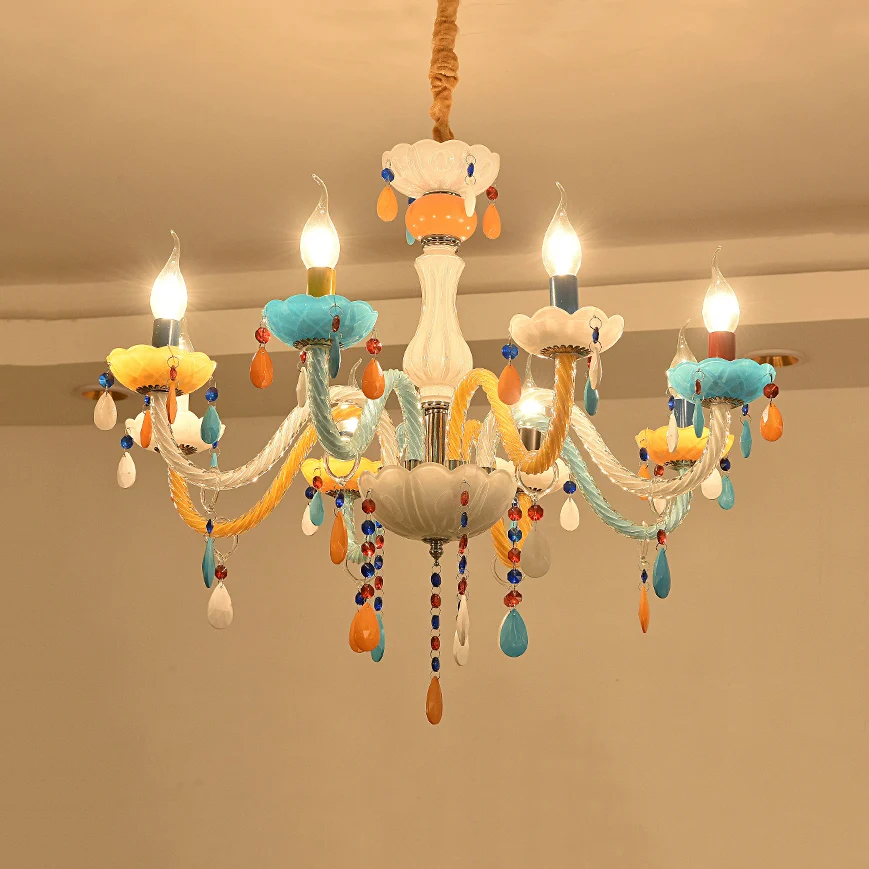 Meerkleurige kroonluchter voor kinderen, nepkaars, glazen hanglamp met kristal voor speelkamer Clearhalo
