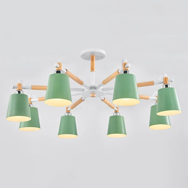 Meerkleurige optionele massief houten kroonluchter Eenvoud Moderne woonkamerverlichtingslamp met neerwaartse metalen kap C...