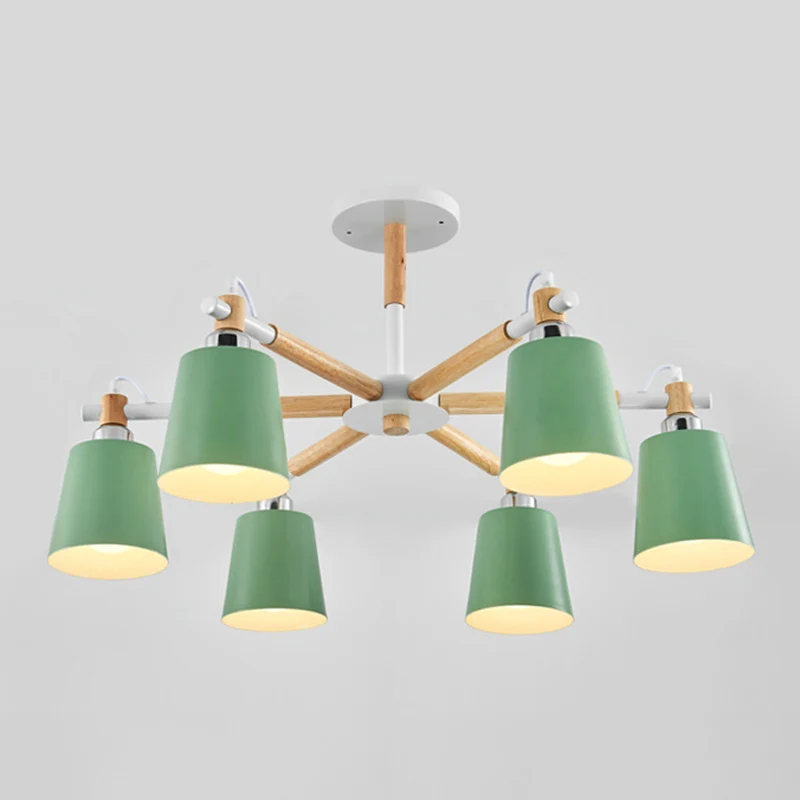 Meerkleurige optionele massief houten kroonluchter Eenvoud Moderne woonkamerverlichtingslamp met neerwaartse metalen kap C...