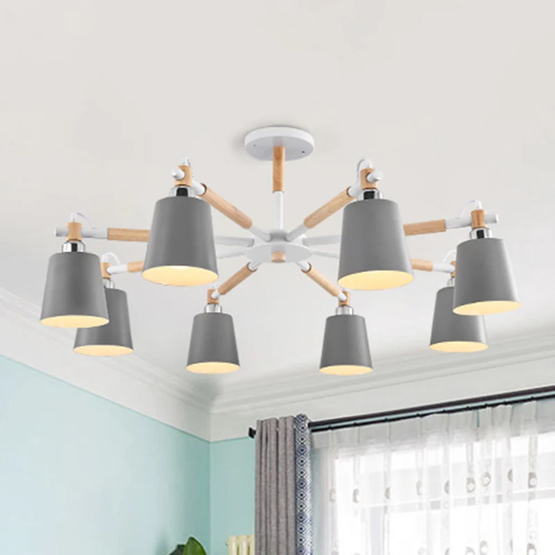 Meerkleurige optionele massief houten kroonluchter Eenvoud Moderne woonkamerverlichtingslamp met neerwaartse metalen kap C...