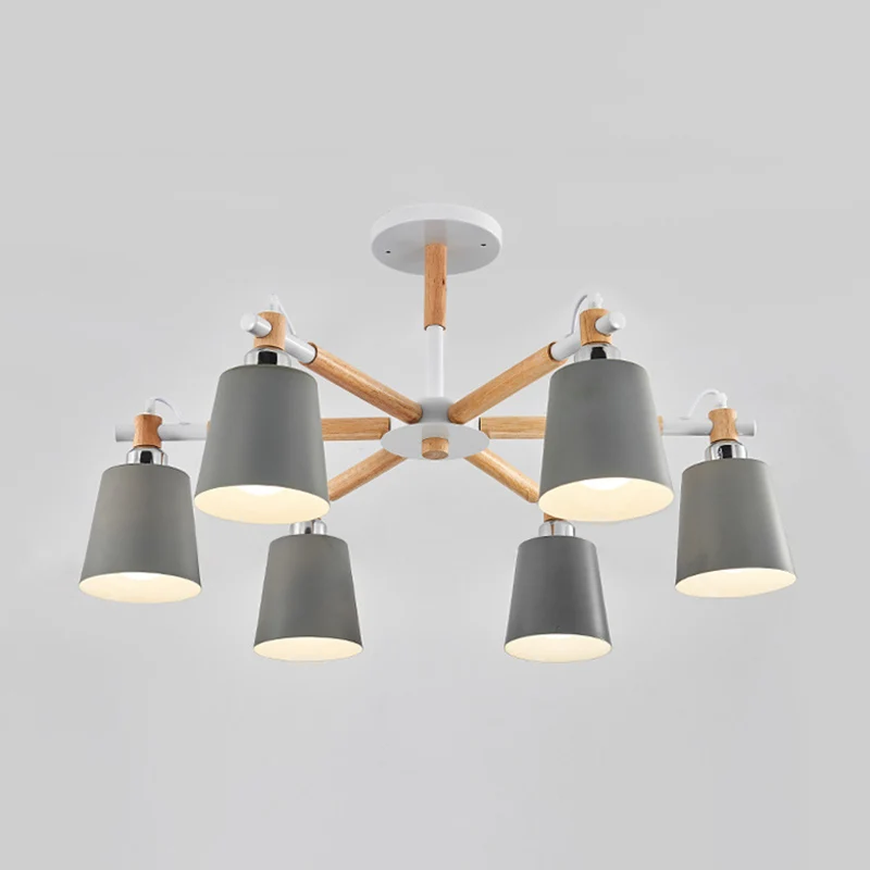 Meerkleurige optionele massief houten kroonluchter Eenvoud Moderne woonkamerverlichtingslamp met neerwaartse metalen kap C...