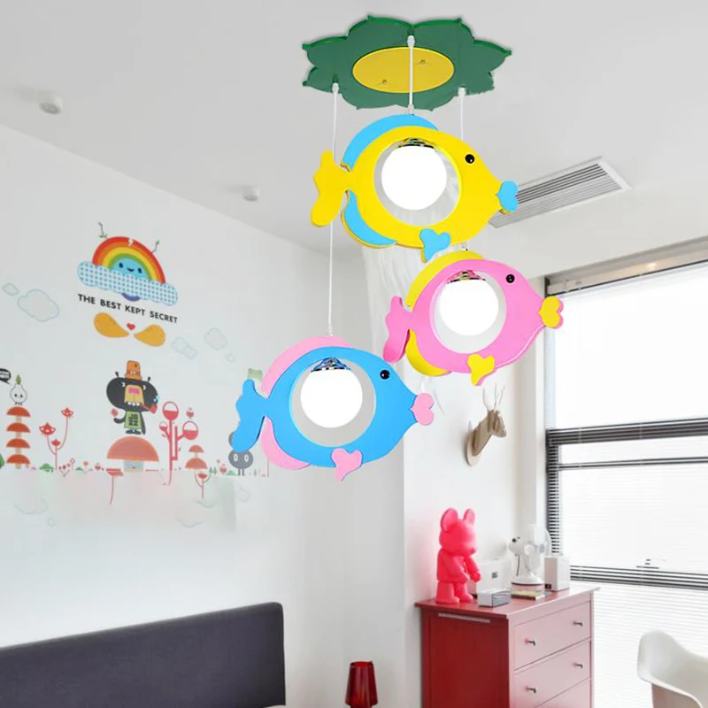 Meerkleurige vishanglamp, 3 lampen, metalen plafondhanger voor kinderen, voor stoffenwinkel Clearhalo