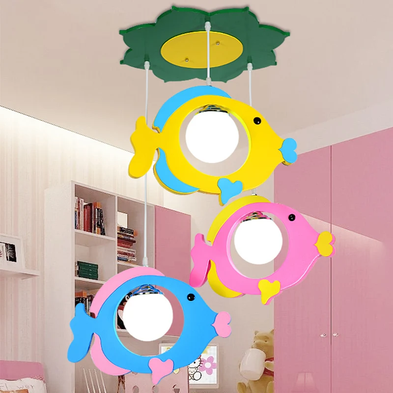 Meerkleurige vishanglamp, 3 lampen, metalen plafondhanger voor kinderen, voor stoffenwinkel Clearhalo