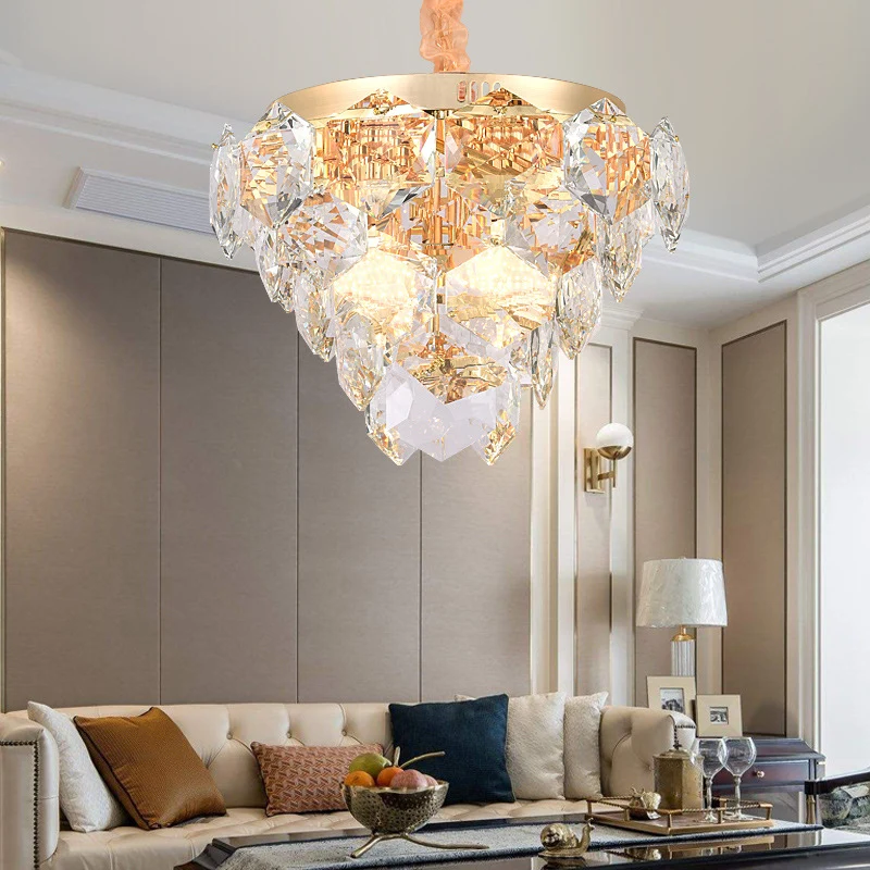 Meerlaagse hangende plafondlamp met gefacetteerde kristallen moderne 14-lichts hanglamp goud voor woonkamer Clearhalo