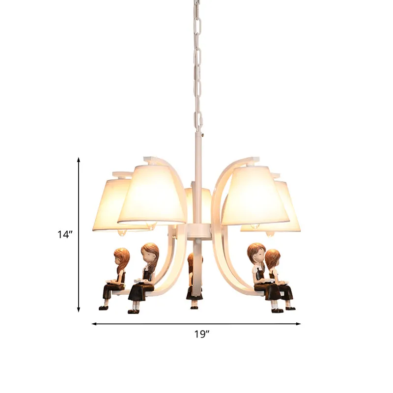 Meisjes/jongen standbeeld hanglamp kinderen ijzer 5-lamps slaapkamer hangende kroonluchter met kegel stoffen lampenkap wit...