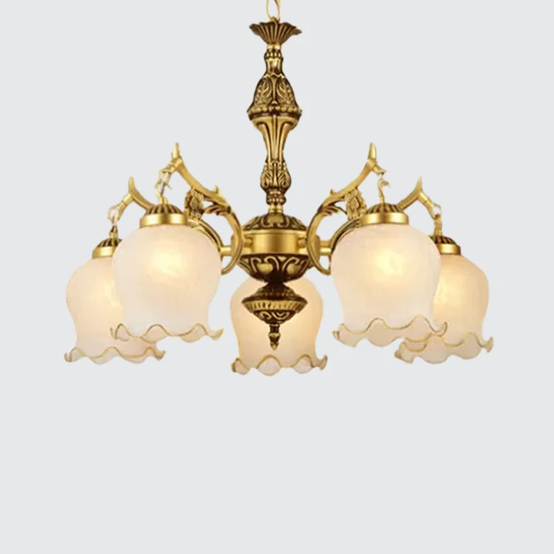 Melkachtig glazen bronzen hanglamp met halfbloeiende bloem, traditionele kroonluchter met 5 lampen Clearhalo