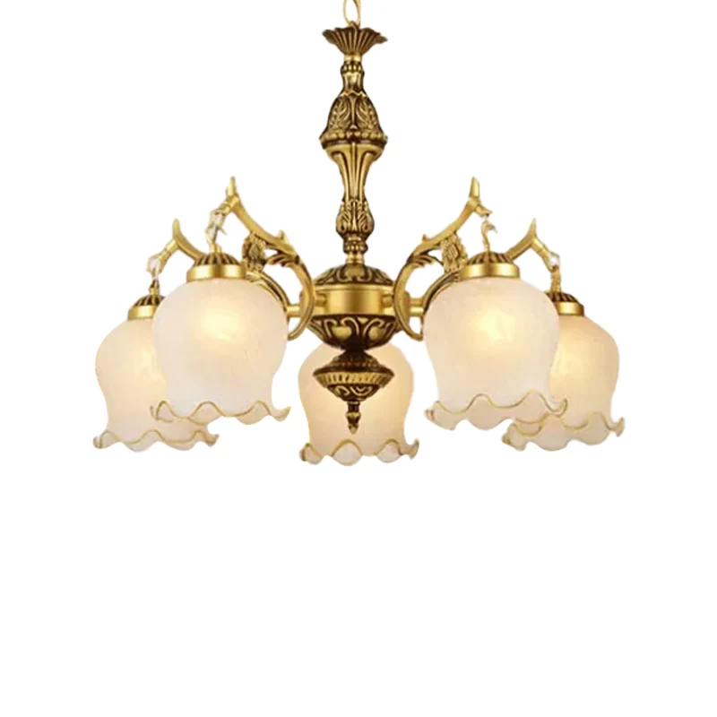 Melkachtig glazen bronzen hanglamp met halfbloeiende bloem, traditionele kroonluchter met 5 lampen Clearhalo