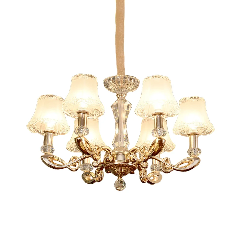 Melkachtige glazen bel hanglamp moderne eetkamerkroonluchter met 6 koppen en kristallen accent goud Clearhalo