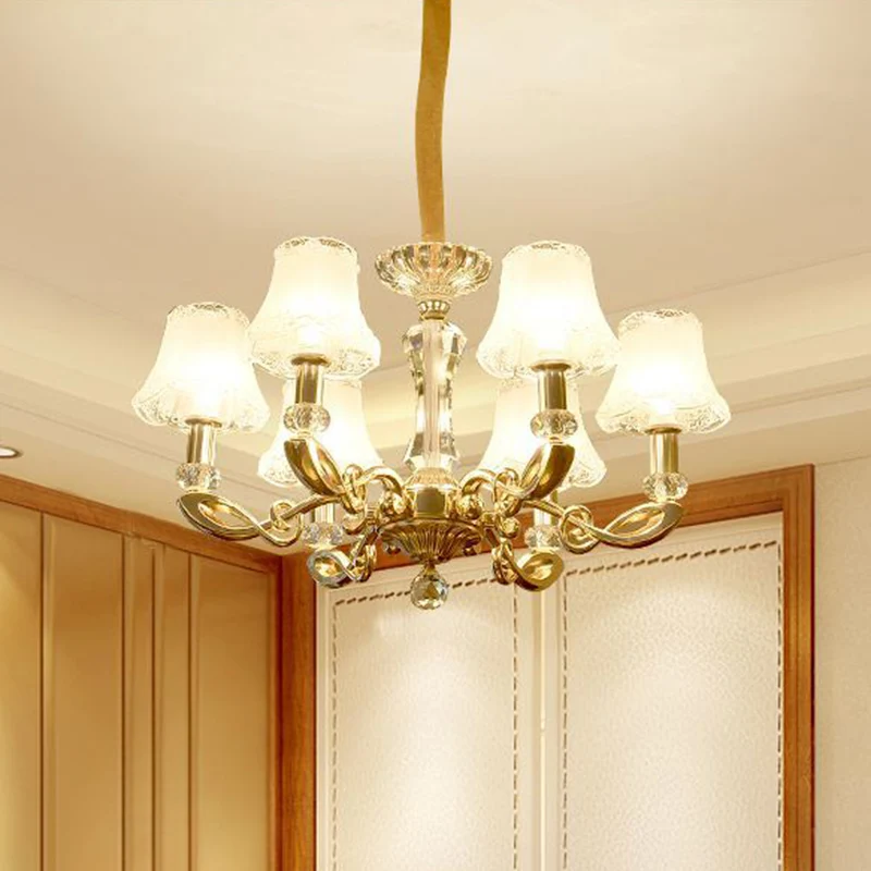 Melkachtige glazen bel hanglamp moderne eetkamerkroonluchter met 6 koppen en kristallen accent goud Clearhalo