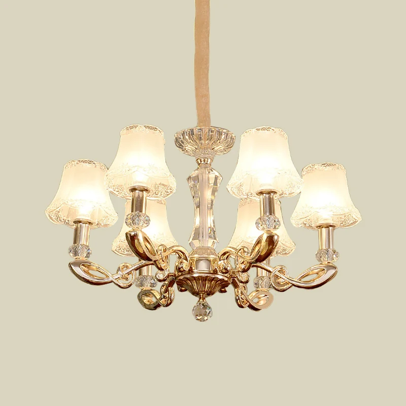 Melkachtige glazen bel hanglamp moderne eetkamerkroonluchter met 6 koppen en kristallen accent goud Clearhalo