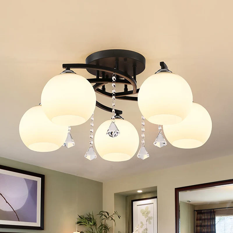 Melkglas bol semi-inbouw licht moderne 3/7/9 hoofden woonkamer plafondmontage kroonluchter zwart Clearhalo