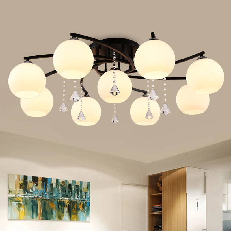 Melkglas bol semi-inbouw licht moderne 3/7/9 hoofden woonkamer plafondmontage kroonluchter zwart Clearhalo