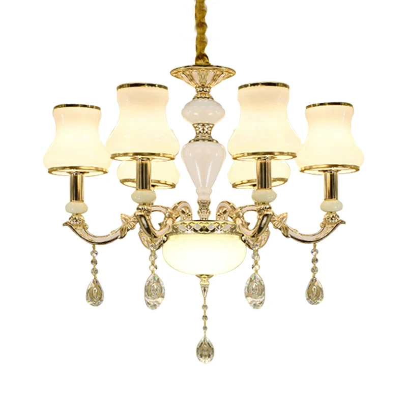 Melkglas gouden plafondkroonluchter gebogen arm 6 lampen hedendaagse kristallen hanglamp Clearhalo