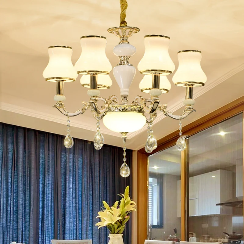 Melkglas gouden plafondkroonluchter gebogen arm 6 lampen hedendaagse kristallen hanglamp Clearhalo