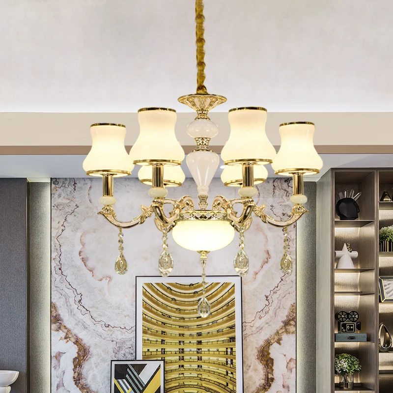Melkglas gouden plafondkroonluchter gebogen arm 6 lampen hedendaagse kristallen hanglamp Clearhalo
