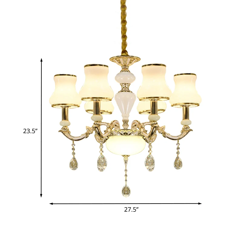 Melkglas gouden plafondkroonluchter gebogen arm 6 lampen hedendaagse kristallen hanglamp Clearhalo